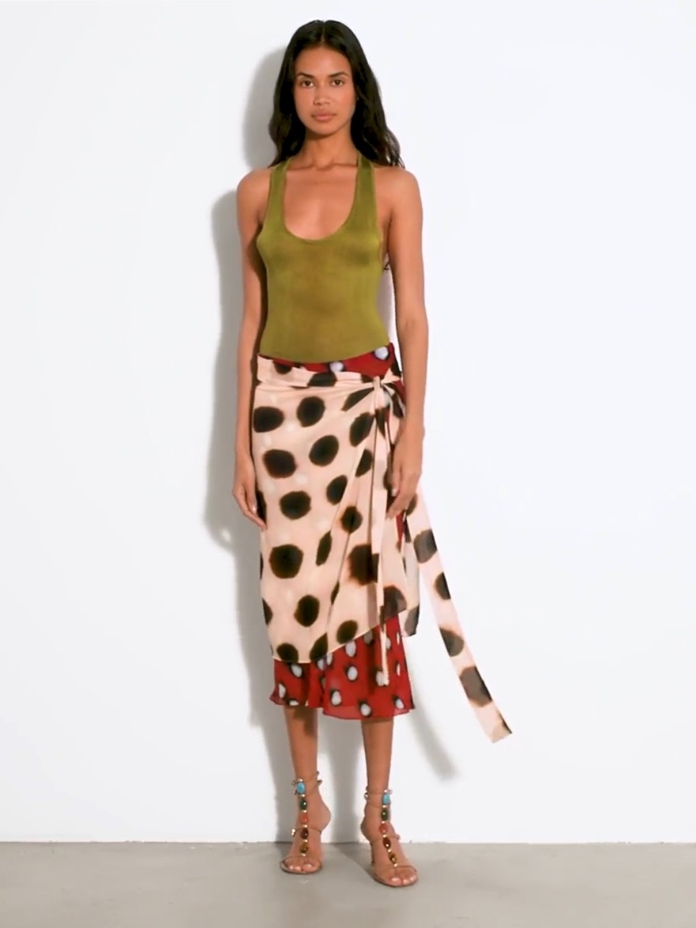 Rat & Boa Rheta Wrap Midi Skirt — Polka Dot Print in Red, Cream & Brown